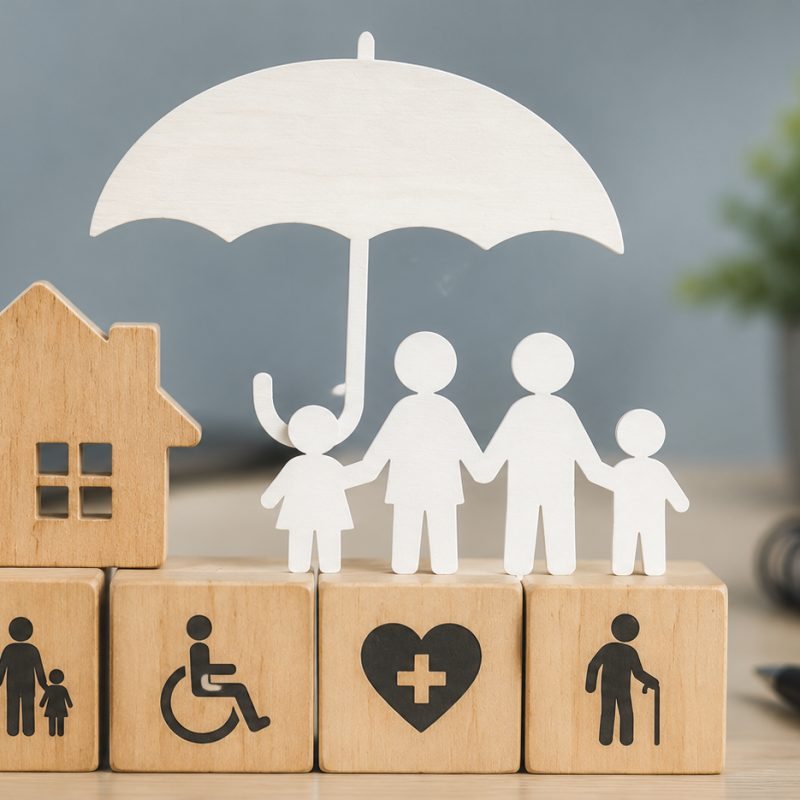 Famille abritée sous un parapluie