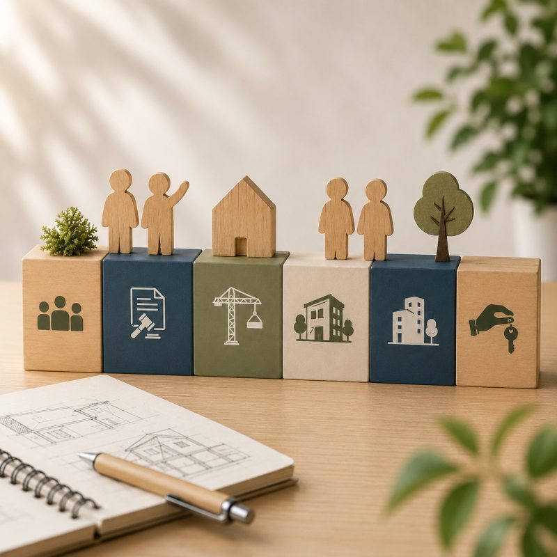 Cubes en bois illustrant les métiers de l’habitat