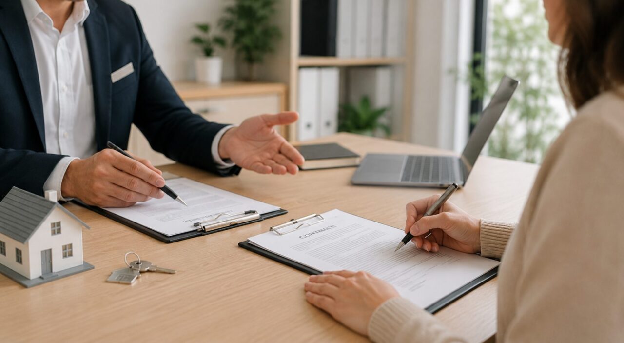 Signature d’un bail de location, maison miniature et clés sur le bureau