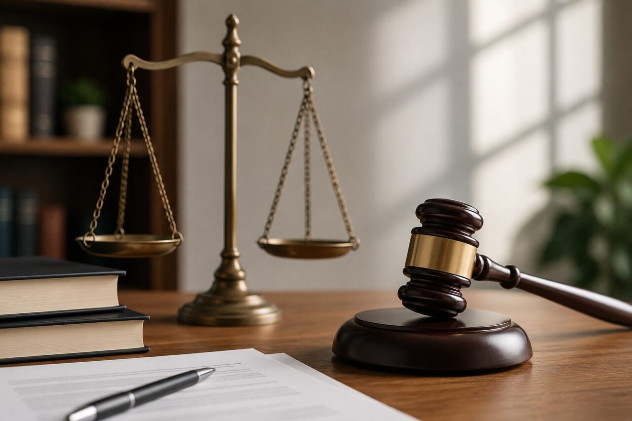 Balance de la justice et marteau sur un bureau