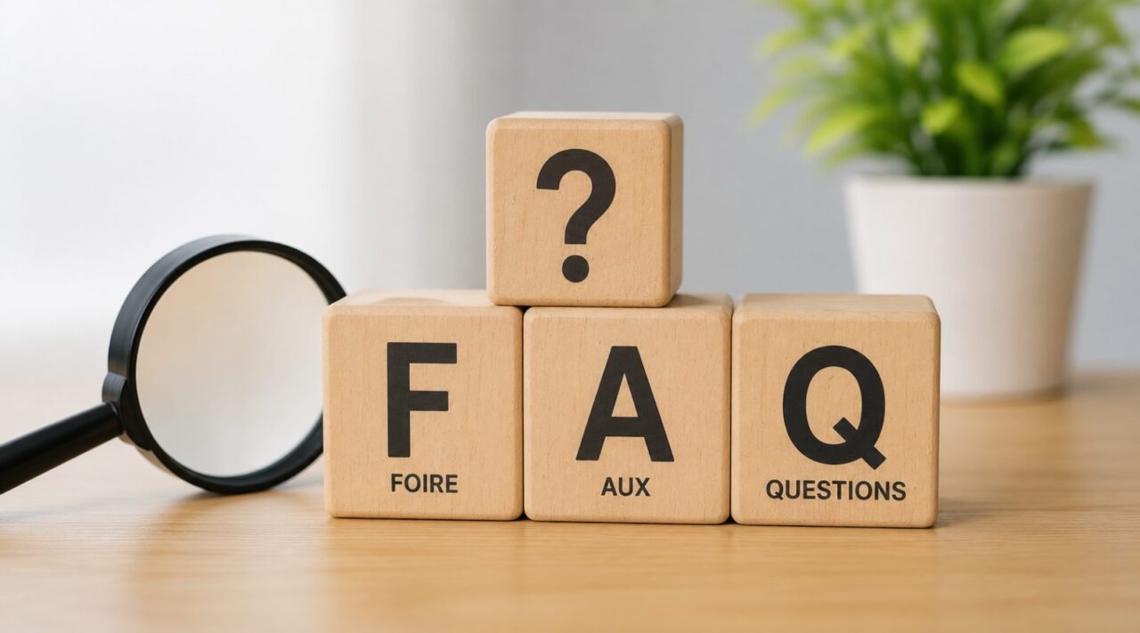 Cubes en bois formant le mot FAQ et loupe