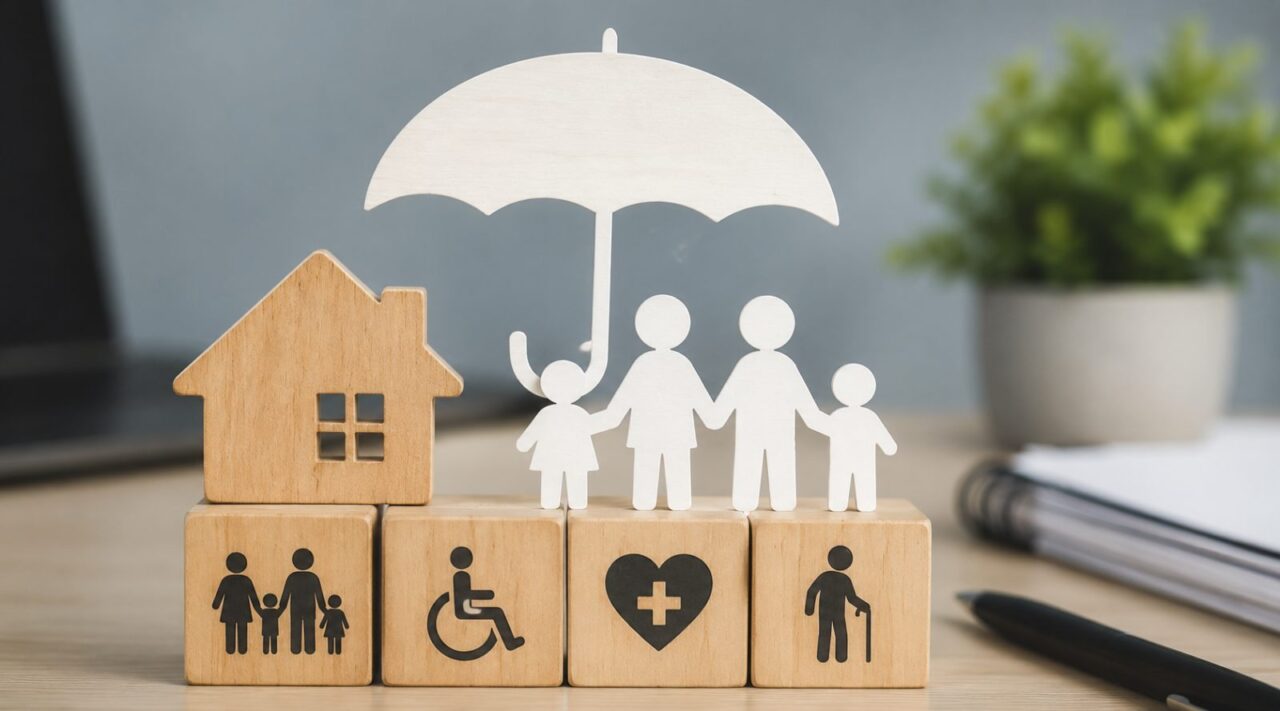 Famille en papier abritée sous un parapluie, à côté d’une maison en bois