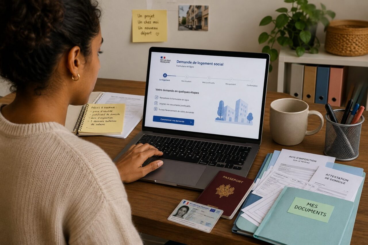 Personne remplissant sa demande de logement social en ligne, pièces justificatives à côté