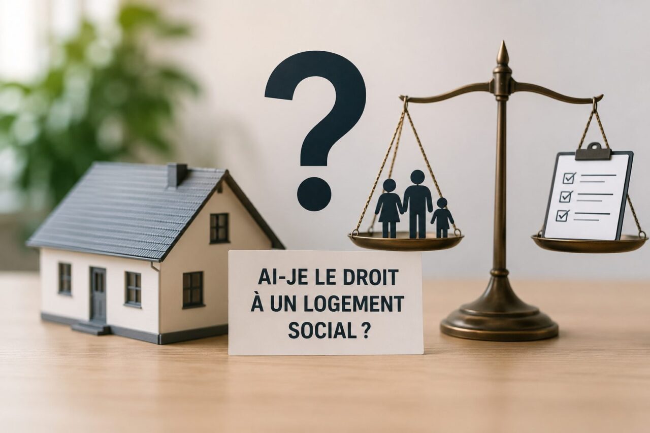 Maison miniature, balance et panneau « Ai-je le droit à un logement social ? »