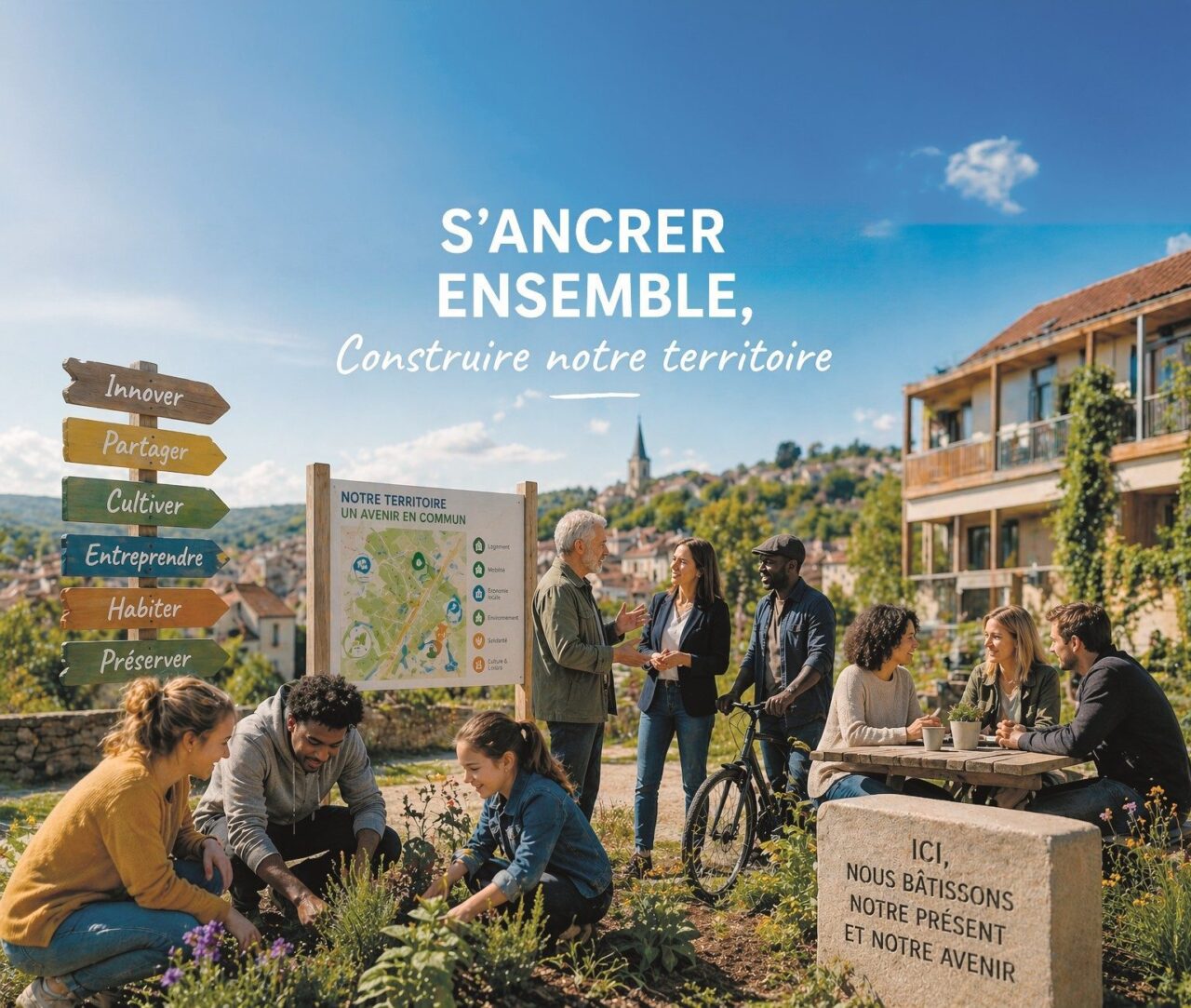 Visuel « S’ancrer ensemble, construire notre territoire » : habitants réunis dans un jardin partagé