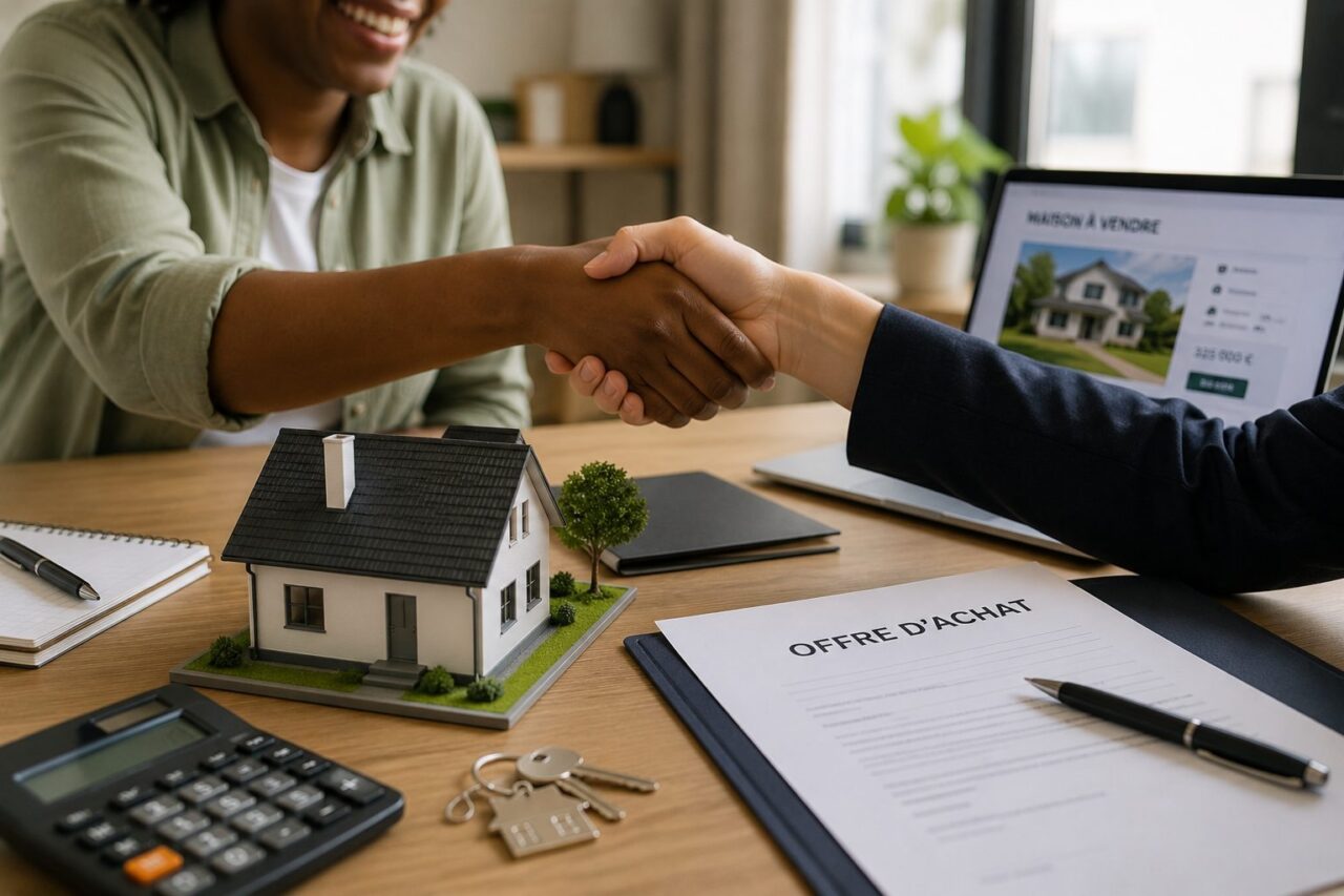 Poignée de main au-dessus d’une offre d’achat et d’une maison miniature